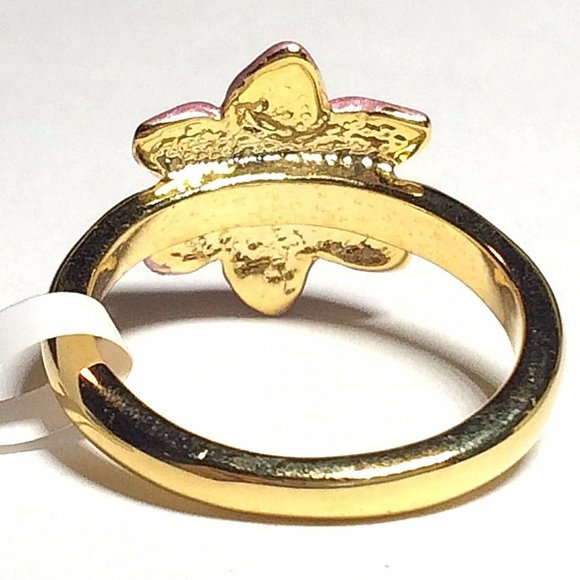 Gold Pink Plumeria Flower Ring Size 6 8 Crystal Yellow Plated Island Tropical - Picture 8 of 10